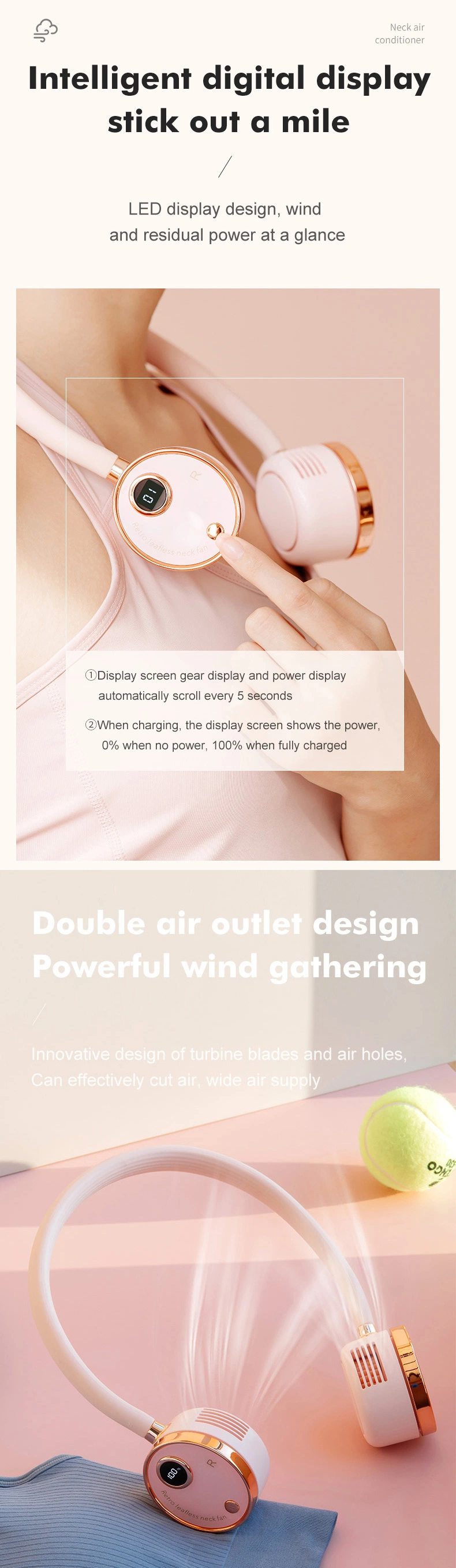 New Digital Display USB Charging Neck Hanging Fan Sports Portable Mini Fan